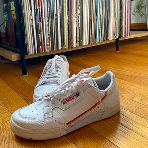 Adidas Women’s Continental 80 Sneaker Rare Gold and Red Stripe